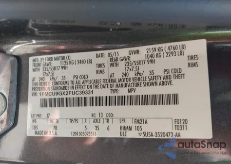 2015 Ford Escape Se from USA, damaged, VIN 1FMCU9GX2FUC39331